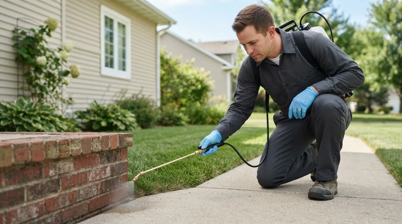 Pest control technician treating a home near Dunlap, CA